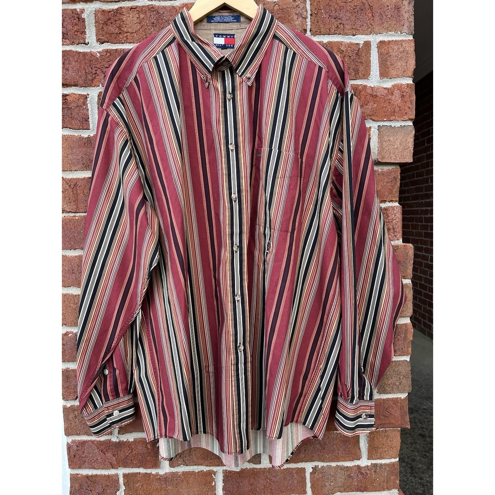Vintage 90s Tommy Hilfiger Striped Button Down Shirt Crest Multicolor Mens XL